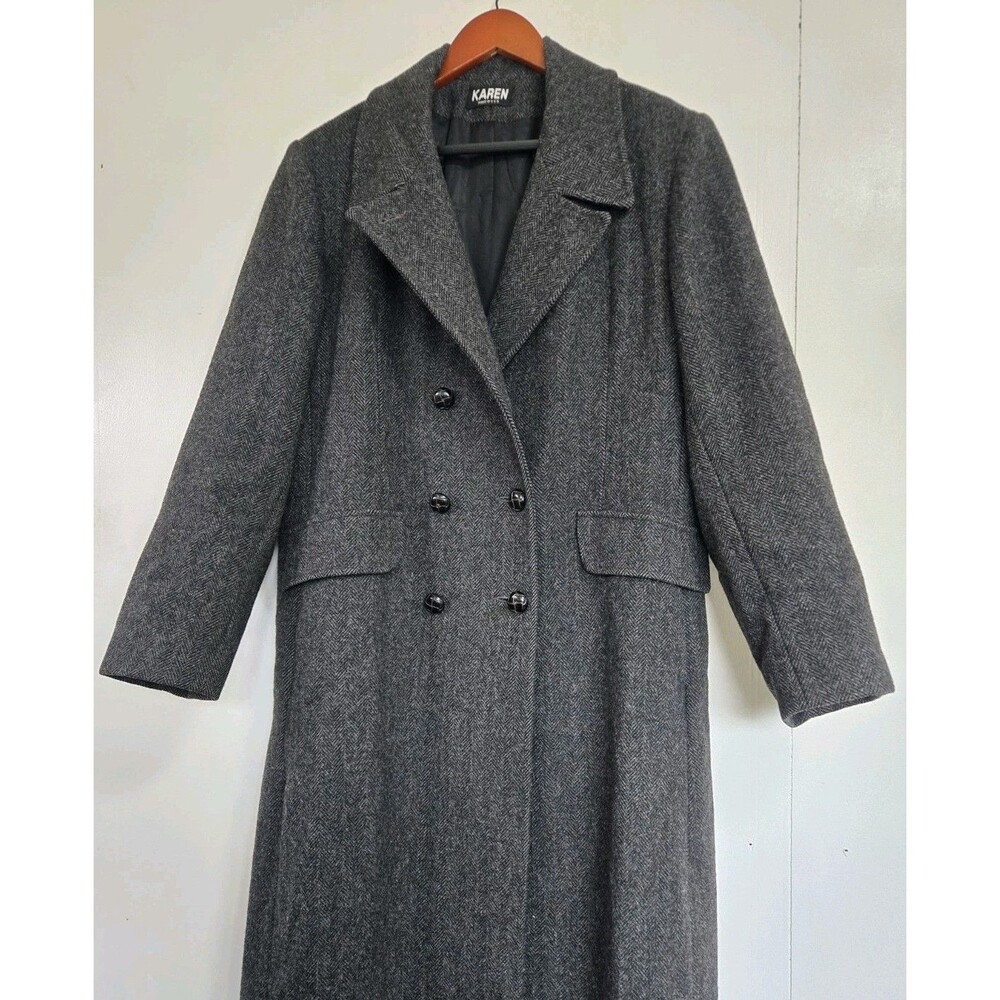 VTG Karen Coat Womens Herringbone Long 100% Wool Trench Overacoat USA Old Money